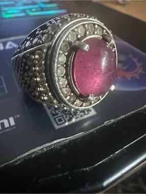 Men's Silver 925 stamped Ring with Red Natural Ruby Cabochon Center Stone & cz’s